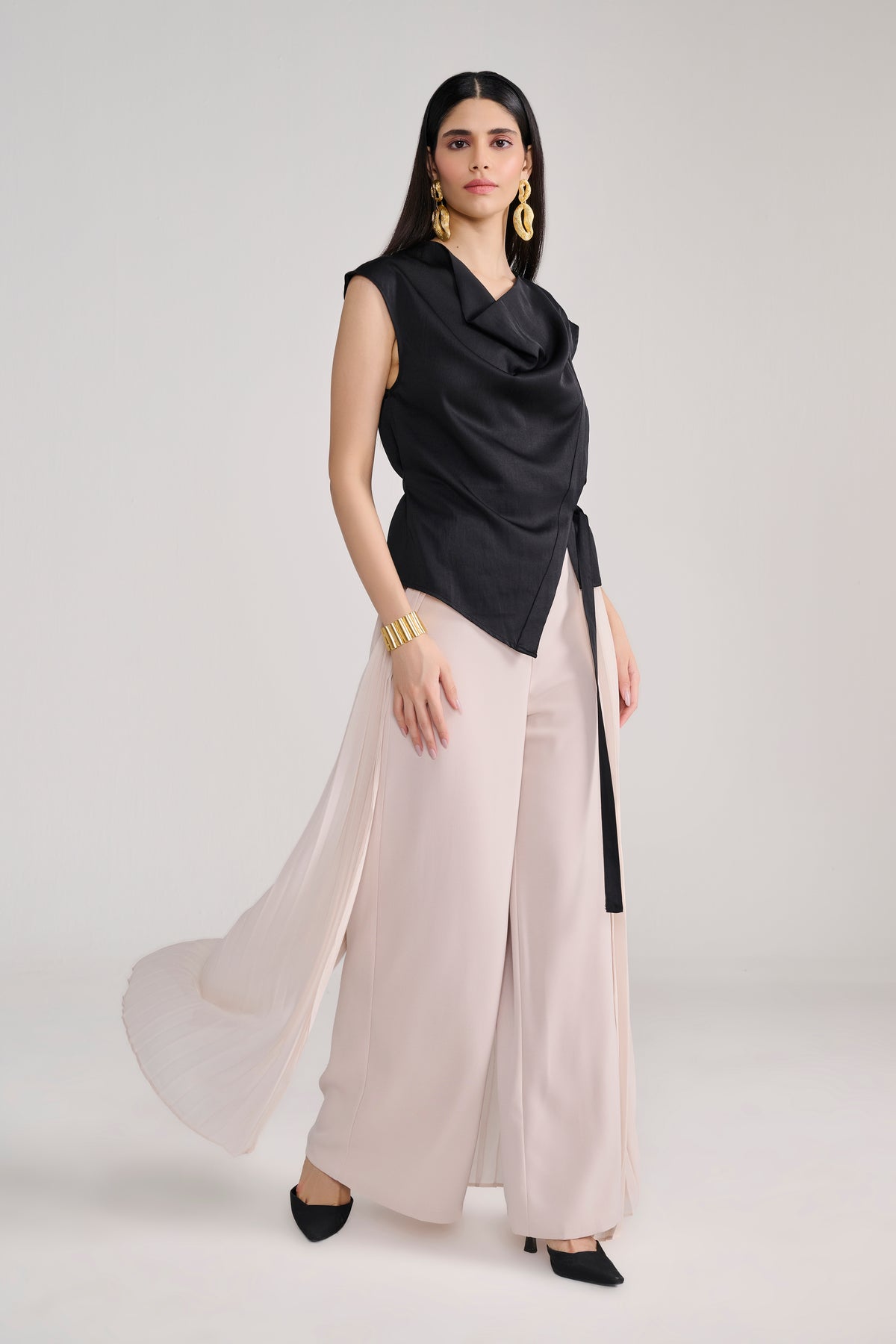 Beige Tailored Pants With Side Pleated Layer Detail — Tastes Like Couture, The Curated Collective