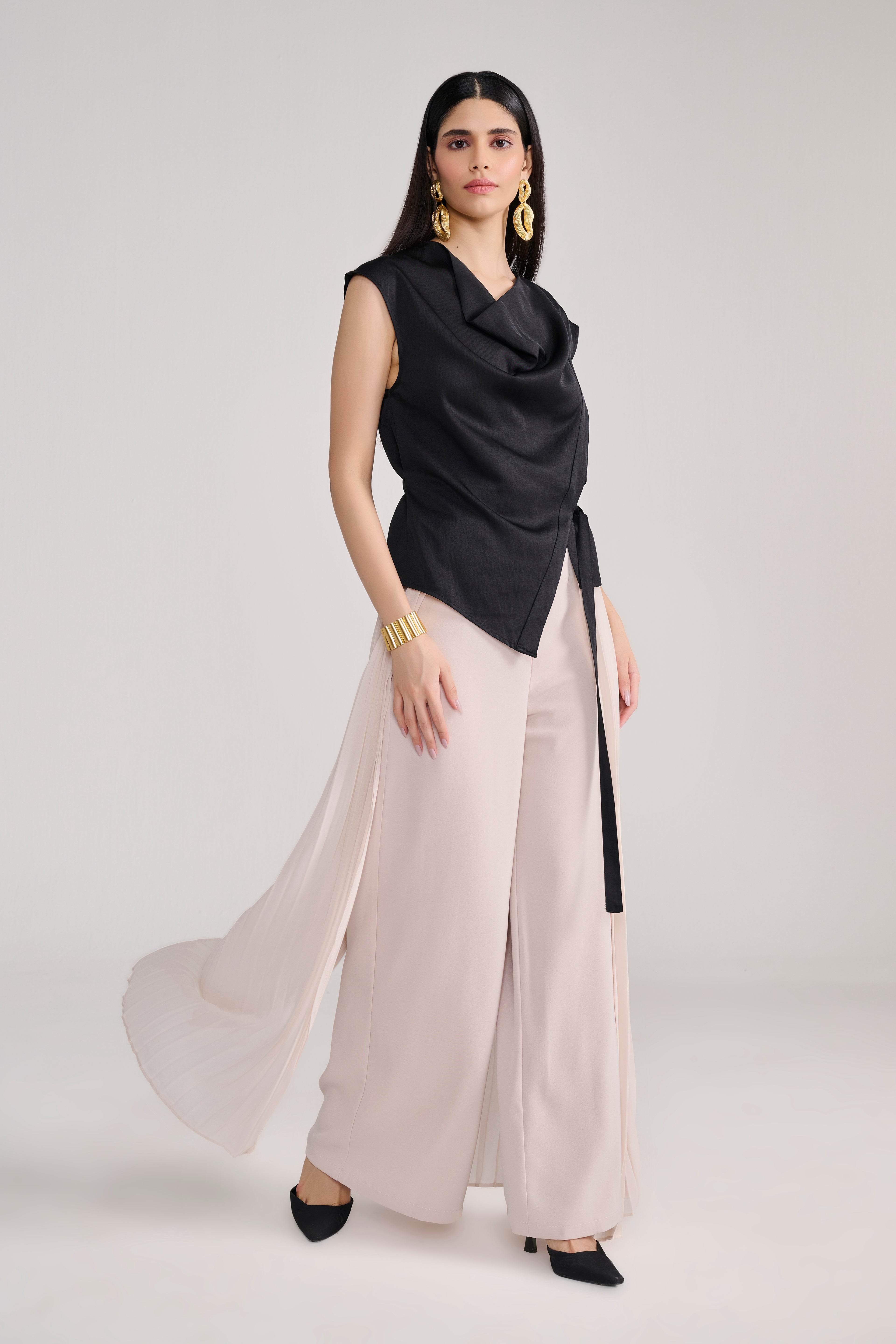 Beige Tailored Pants With Side Pleated Layer Detail