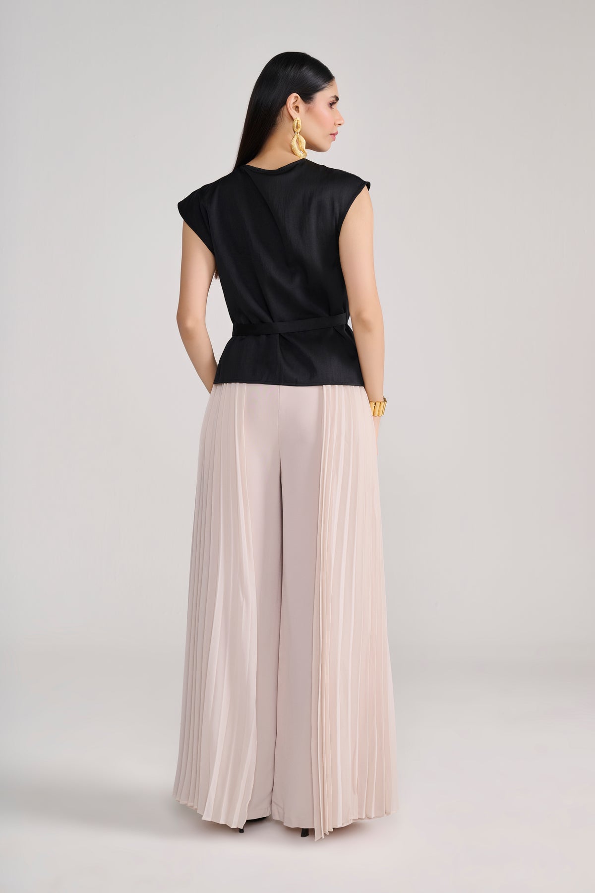 Beige Tailored Pants With Side Pleated Layer Detail view 2 — Tastes Like Couture, The Curated Collective