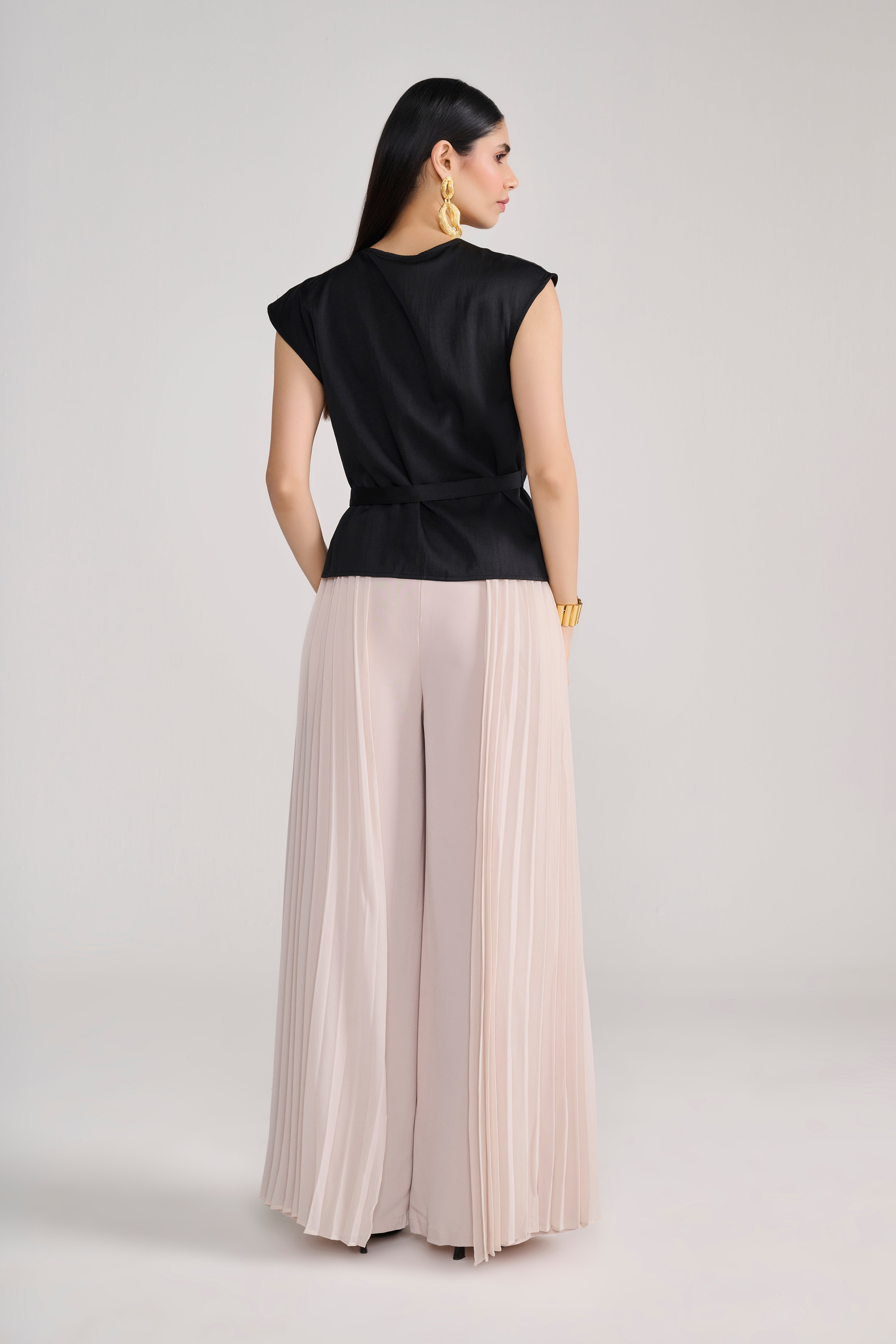 Beige Tailored Pants With Side Pleated Layer Detail