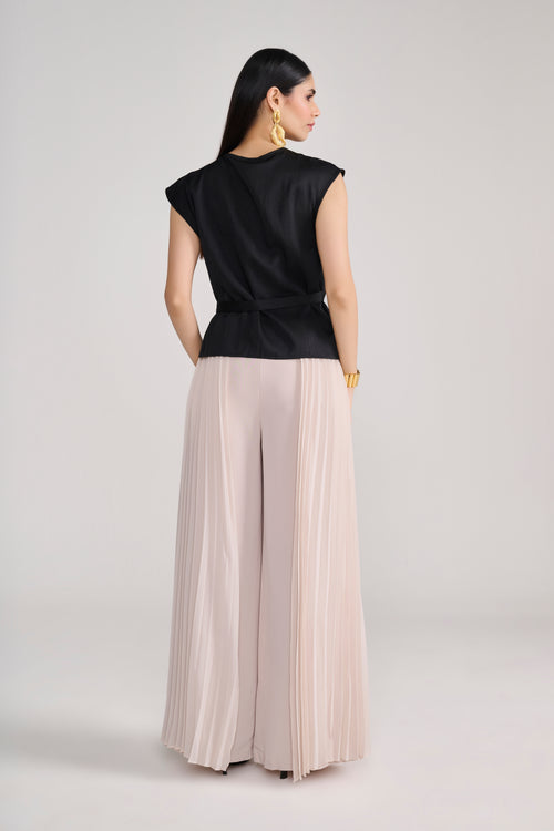 Beige Tailored Pants With Side Pleated Layer Detail