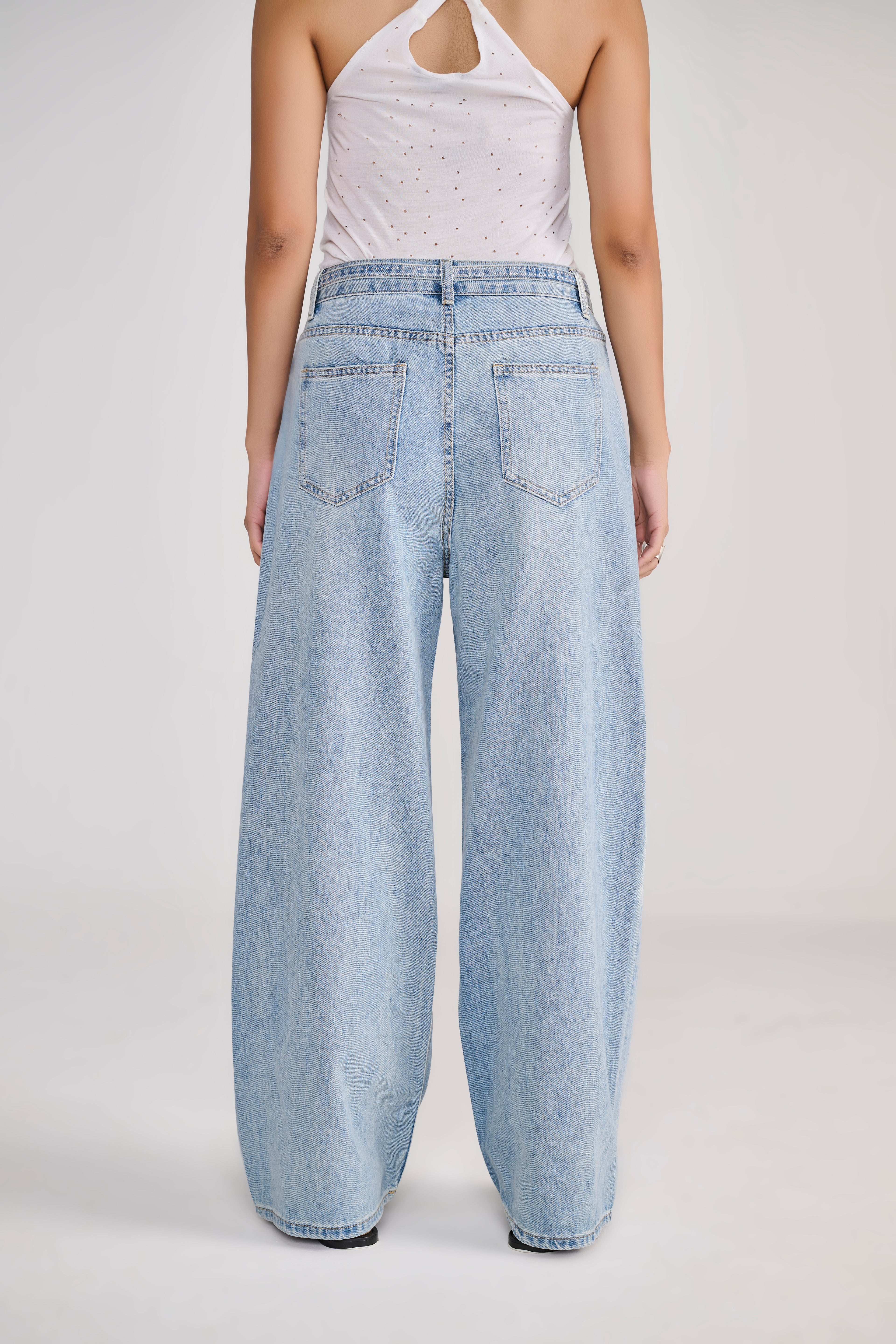 Blue Denim Rhinestone Splatter Jeans with Belt