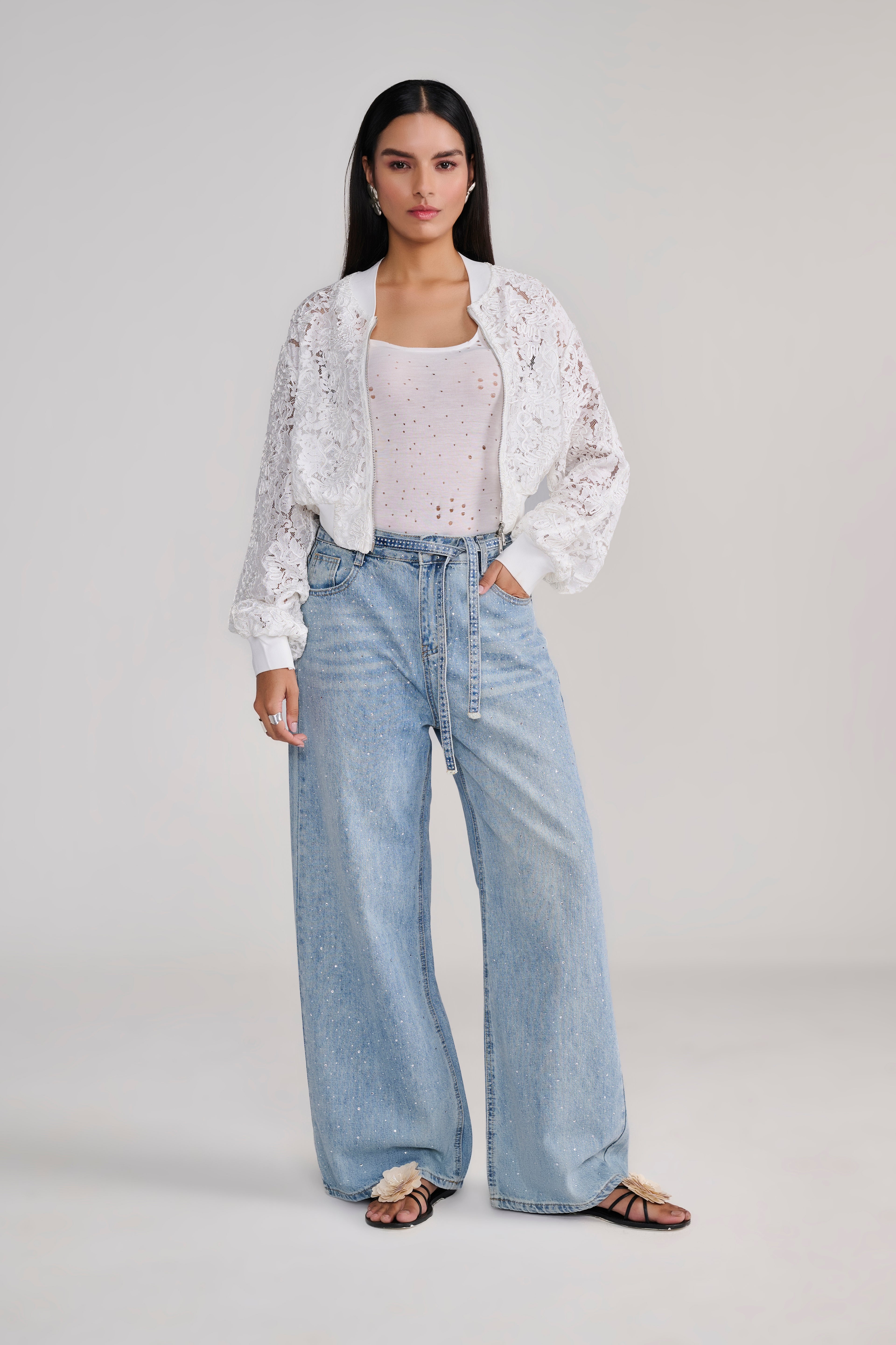 Blue Denim Rhinestone Splatter Jeans with Belt