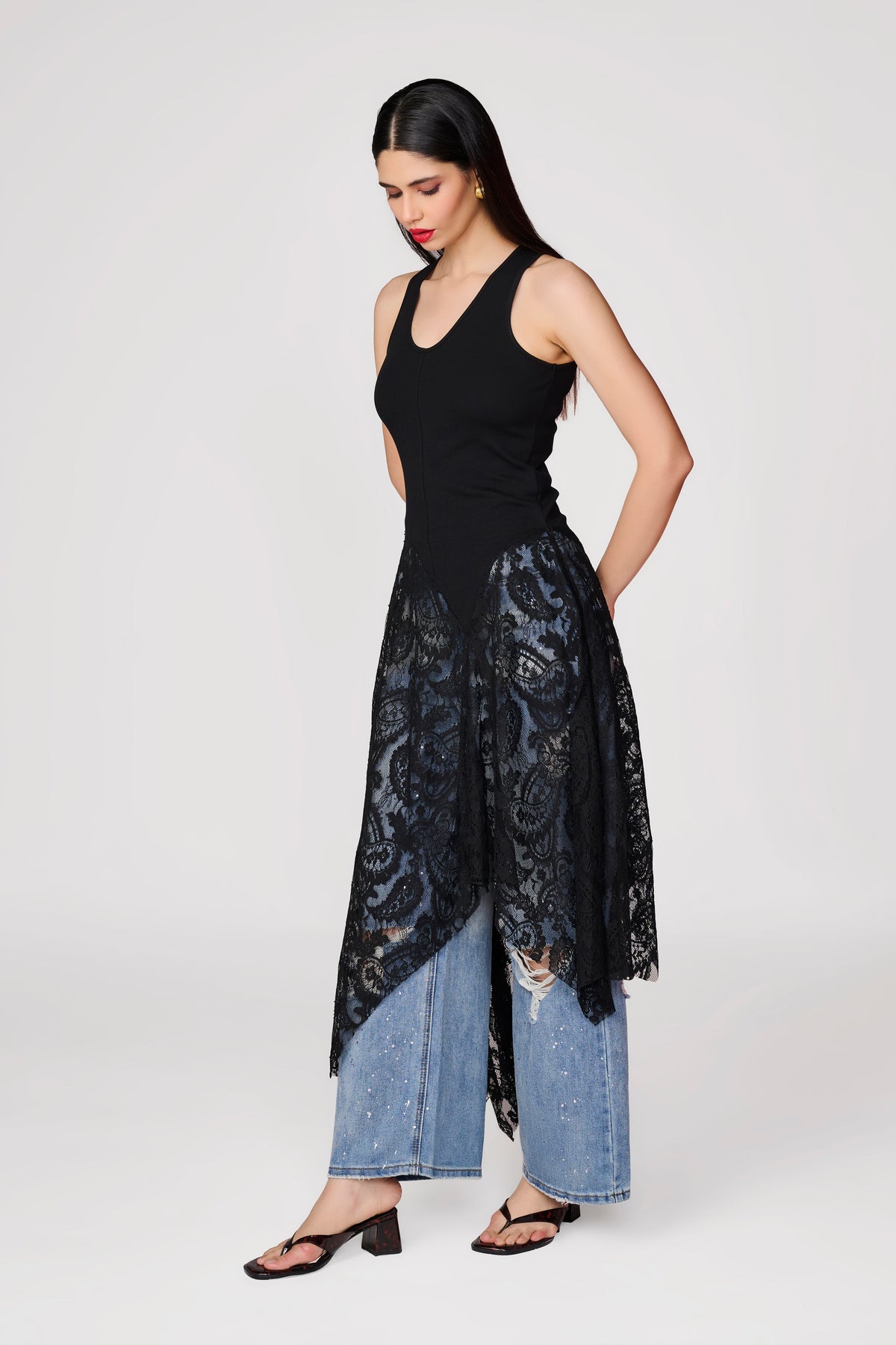Black Knit Lace Detail Handkerchief Hem Top view 2 — Tastes Like Couture, The Curated Collective