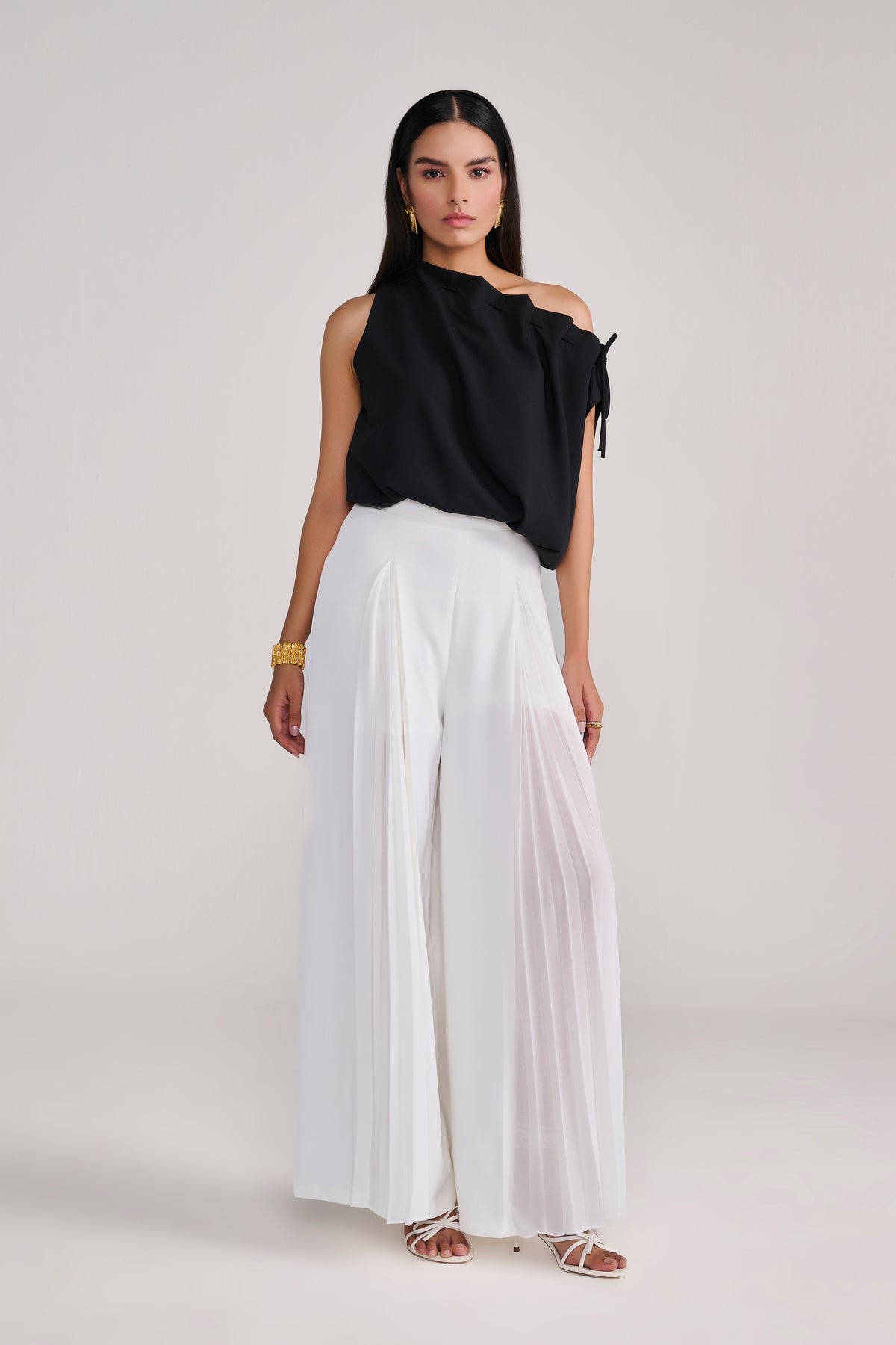 Black Sleeveless Balloon Top With Tie-Up Detail At Neck view 2 — Tastes Like Couture, The Curated Collective