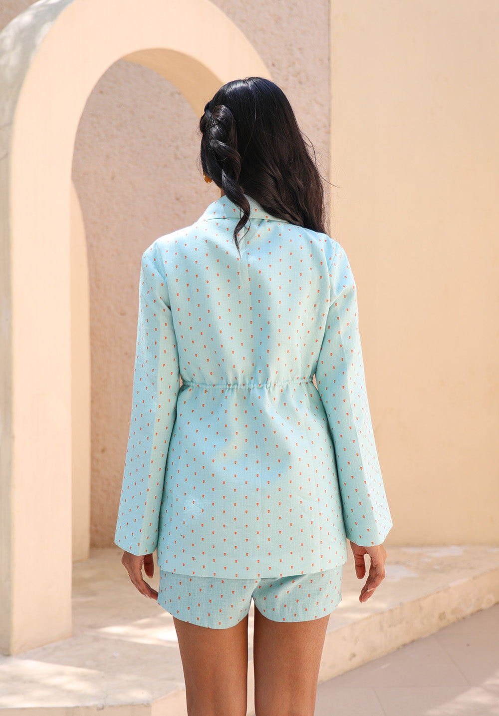Back view of Birdsong blazer with matching shorts