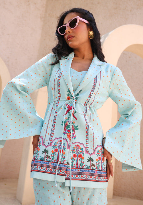 Portrait view of Birdsong printed tie-up blazer coord set