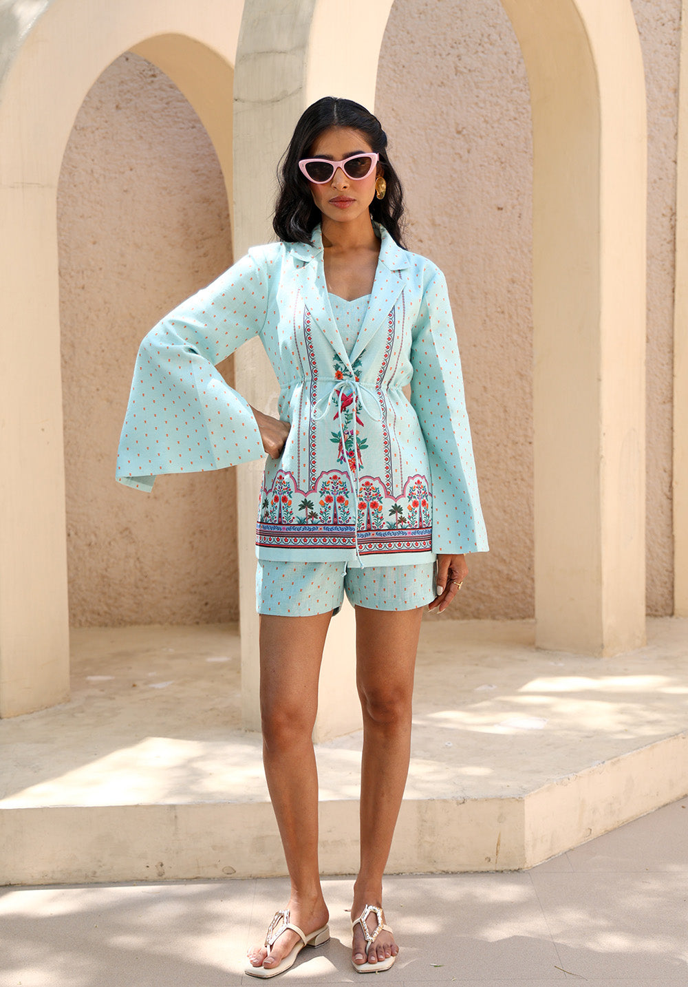 Full front view of Birdsong blazer and shorts coord set