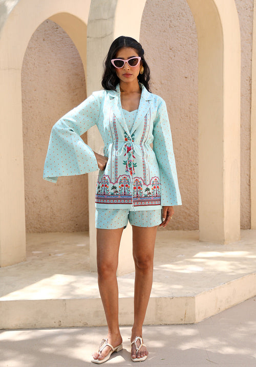Full front view of Birdsong blazer and shorts coord set
