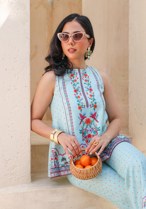 Portrait view of Birdsong embroidered sleeveless coord set