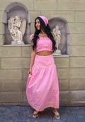 Front view of Blush Crush pink gingham maxi skirt with coord set