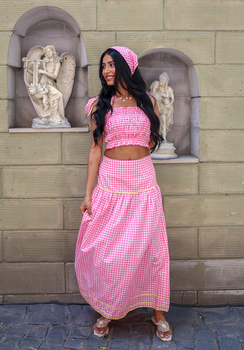 Front view of Blush Crush pink gingham maxi skirt with coord set