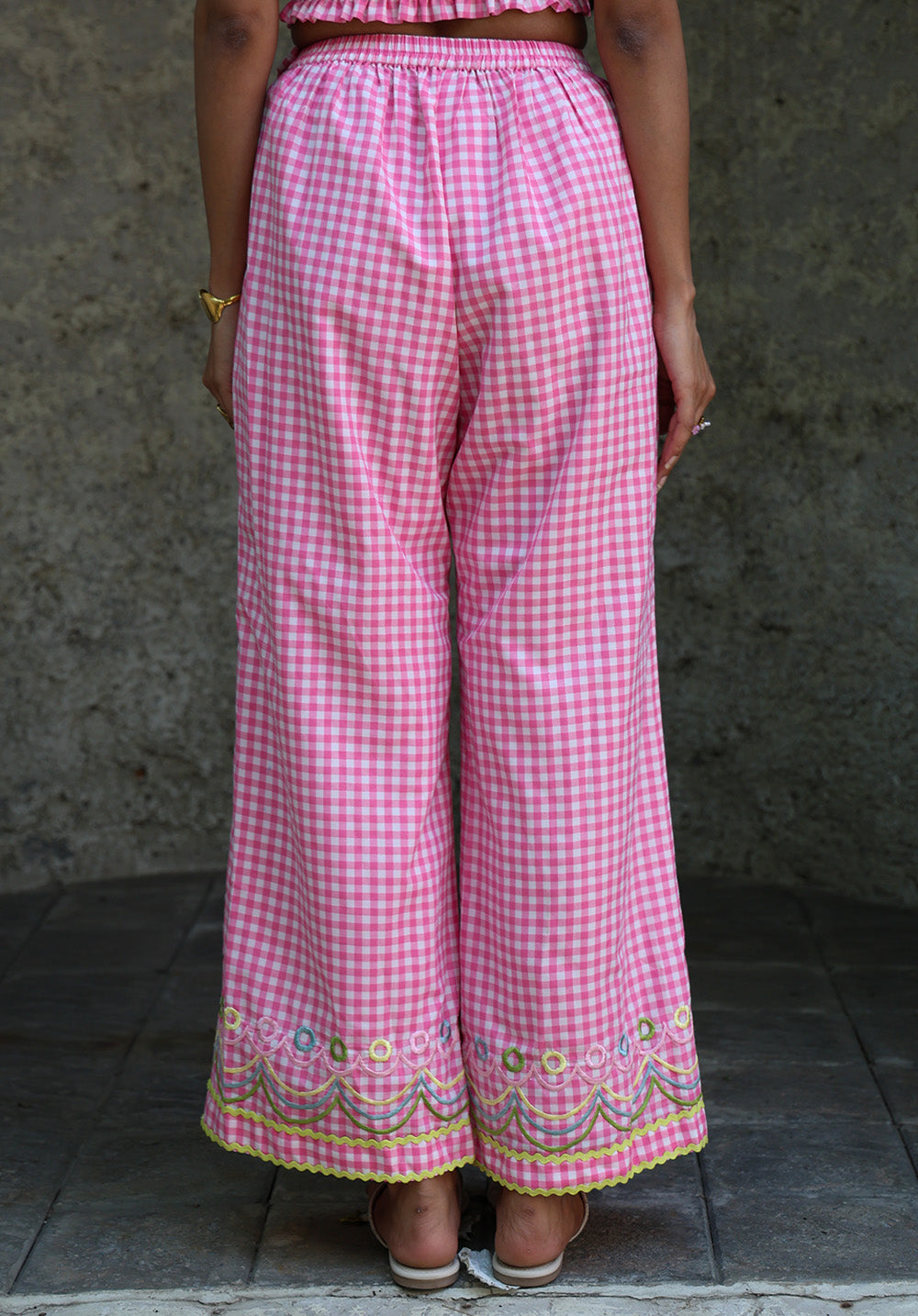 Back view of Blush Crush wide leg gingham pants