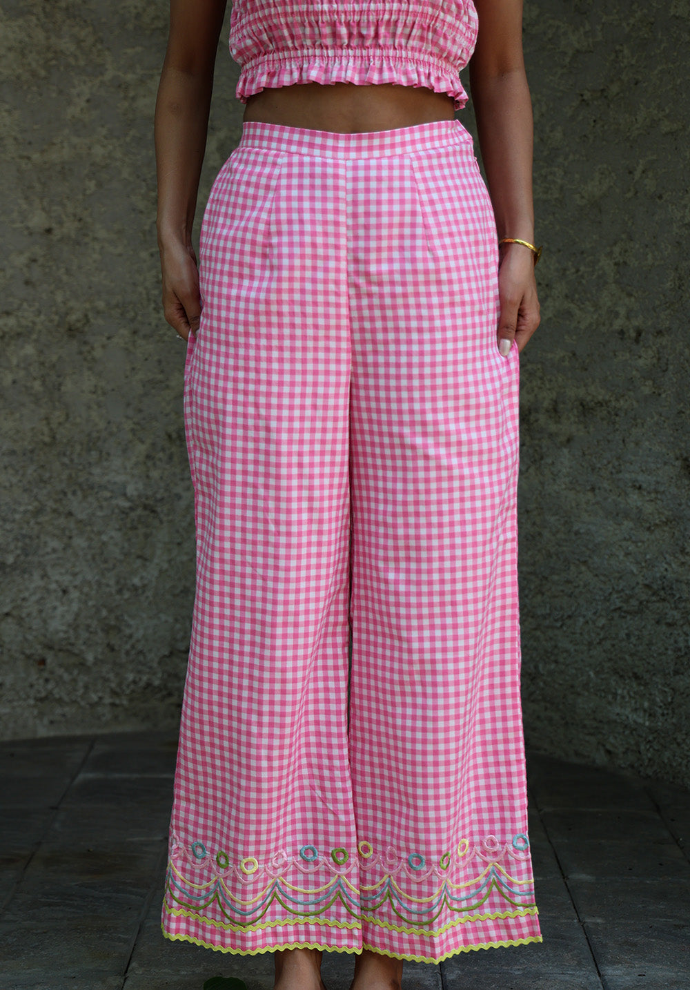 Front view of Blush Crush pink gingham pants
