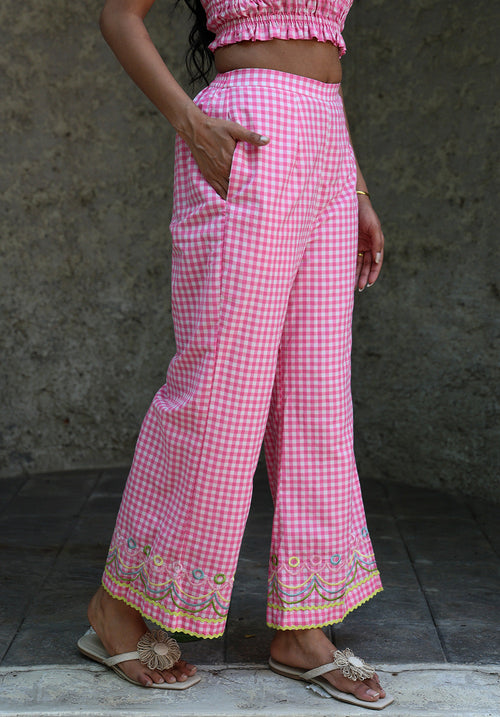 Side view of Blush Crush pink gingham wide leg pants