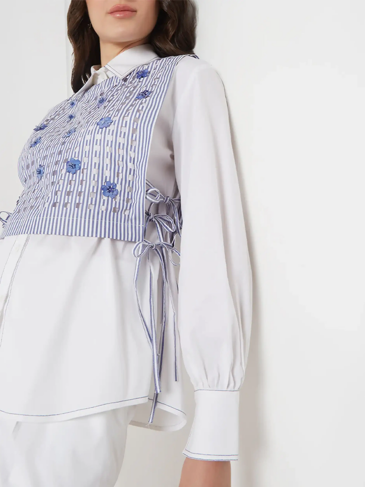 White Embellised Bib Shirt — Needle ten, The Curated Collective