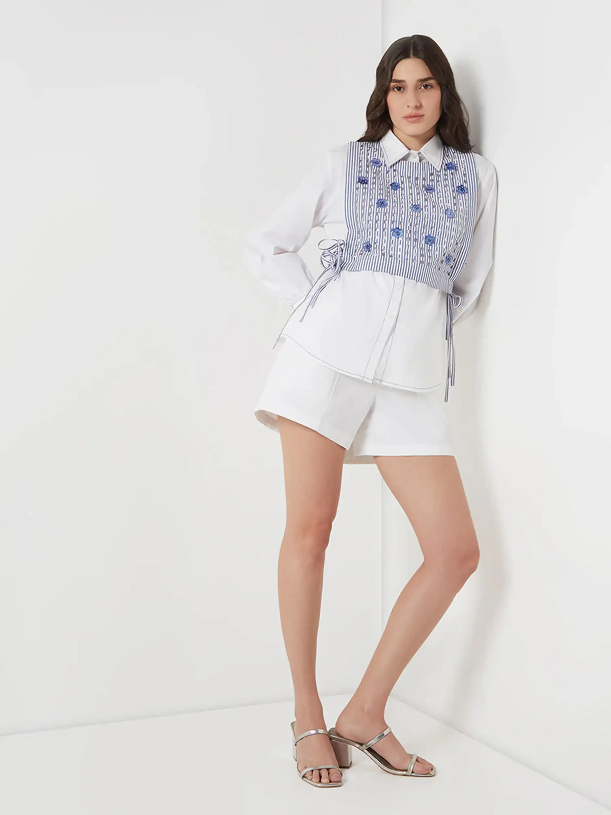 White Embellised Bib Shirt view 2 — Needle ten, The Curated Collective