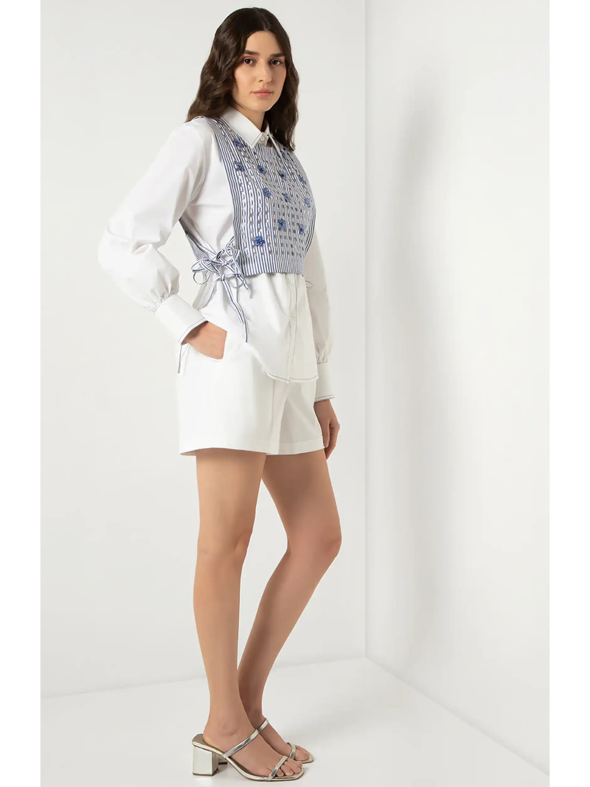 White Embellised Bib Shirt