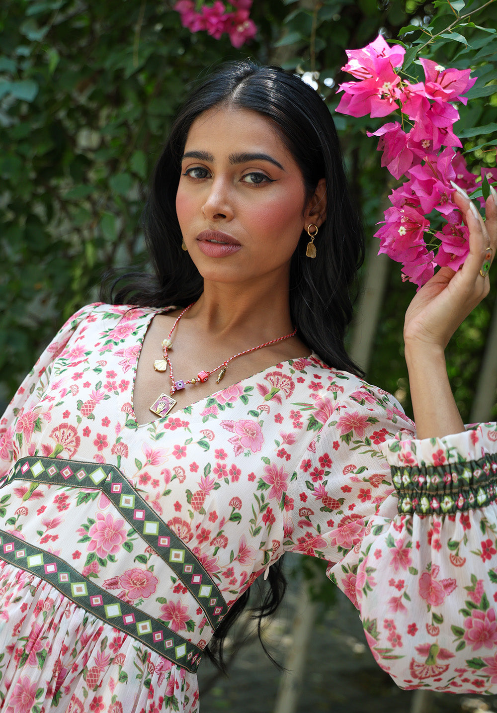 Close-up portrait of Elysia floral dress