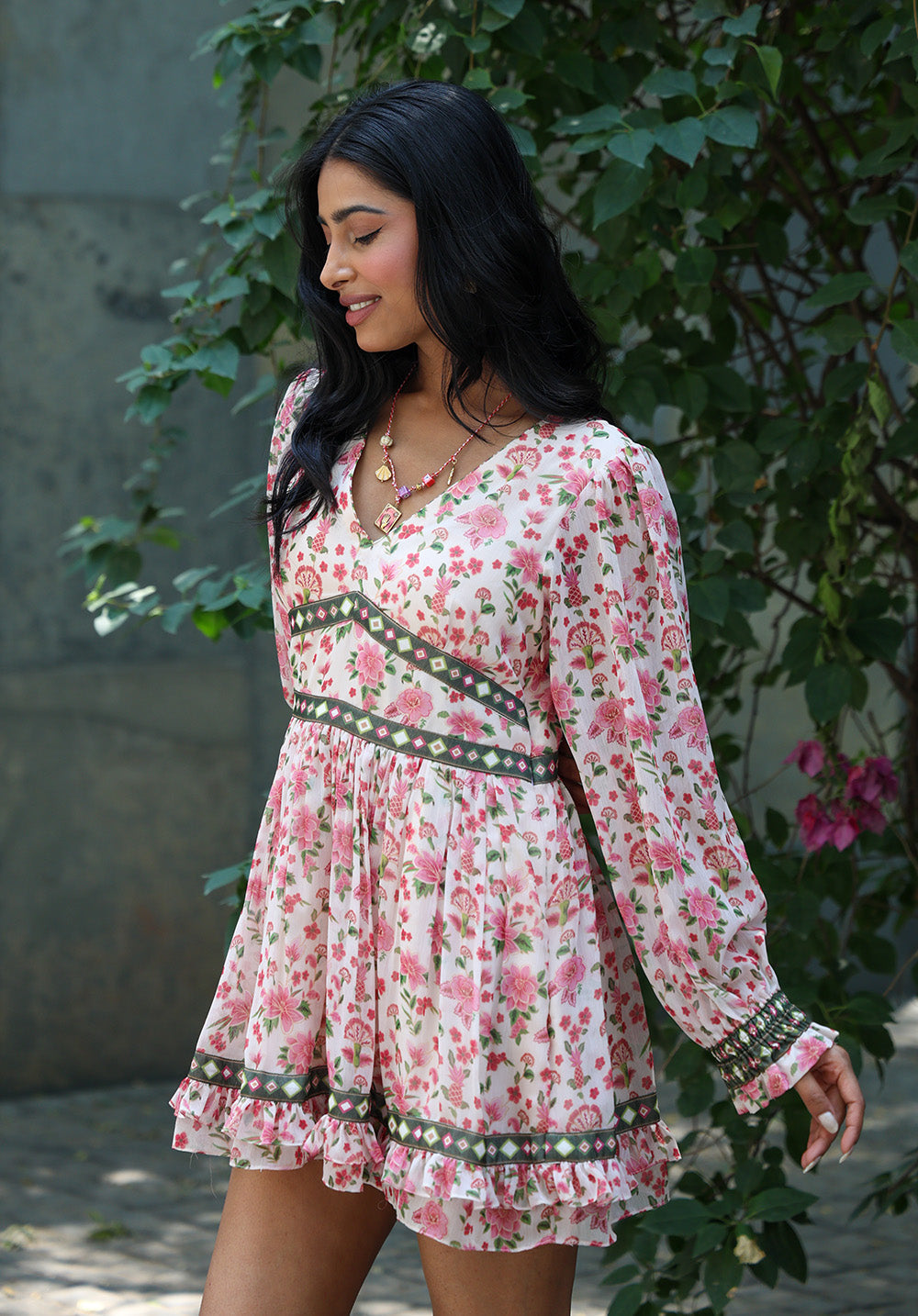 Side view of Elysia pink floral tiered dress
