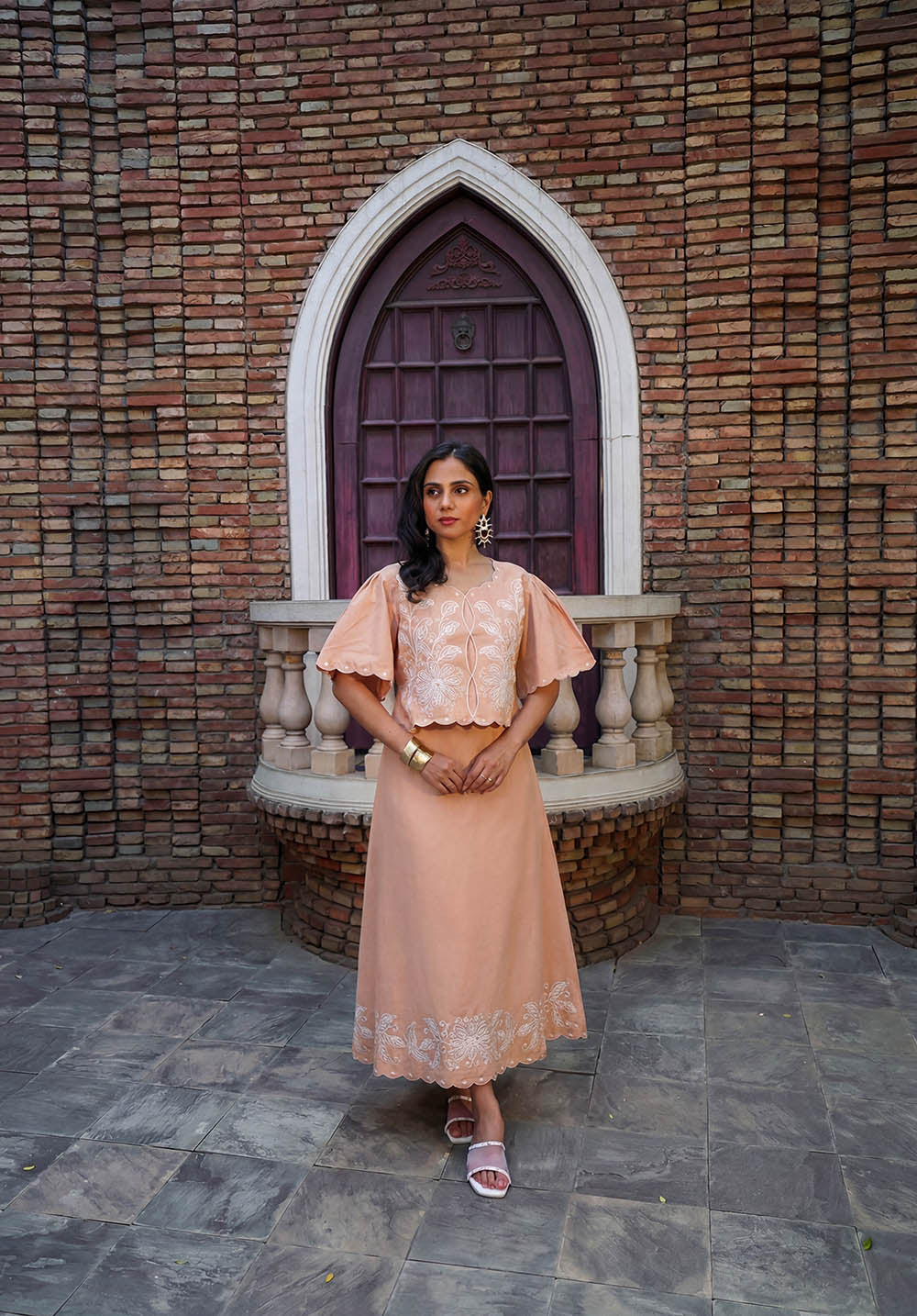 Full front view of fawn embroidered coord set with flowy silhouette