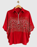 Red Horizontal Stone Embroidered Satin Shirt — view 1
