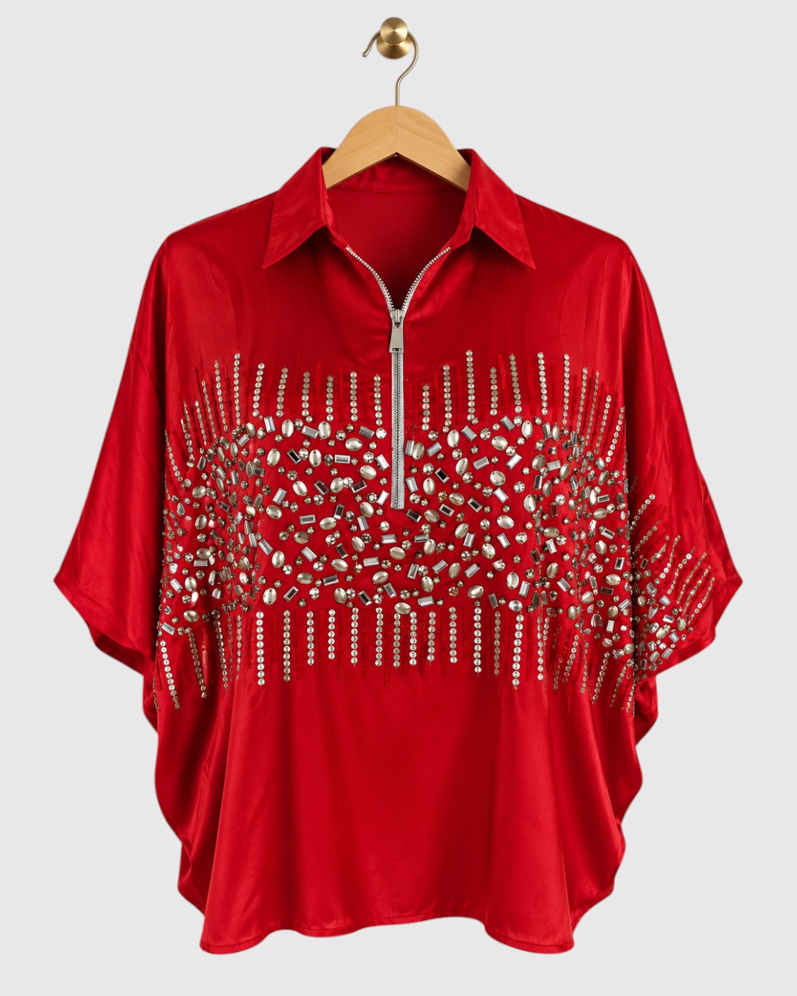 Red Horizontal Stone Embroidered Satin Shirt — view 1