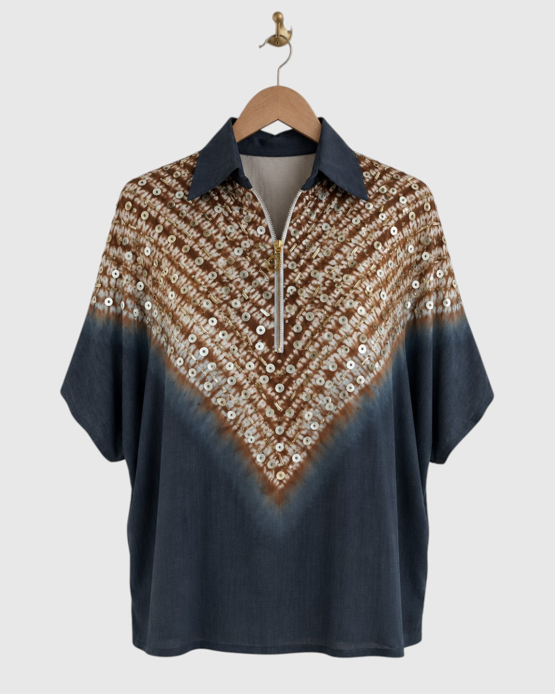 Blue & Brown V-Shibori Zip Shirt — view 1