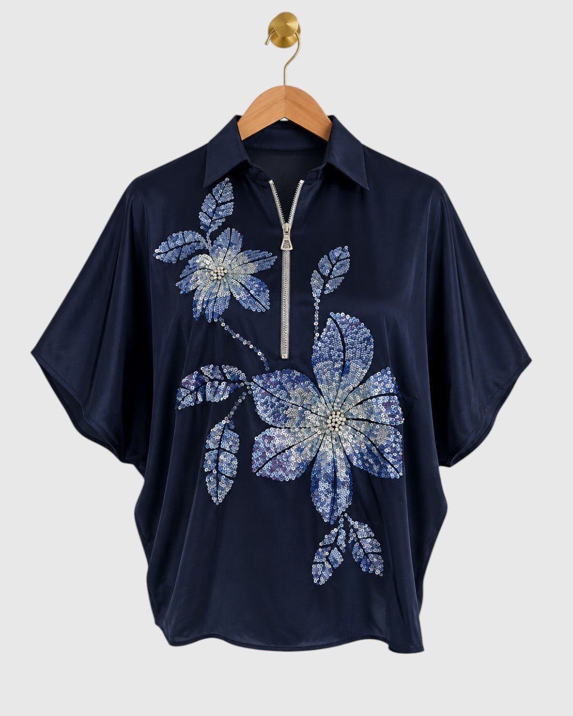 Blue Sequin Satin Shirt — view 1