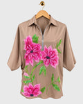 Beige Appliqué Flower Satin Shirt — view 1