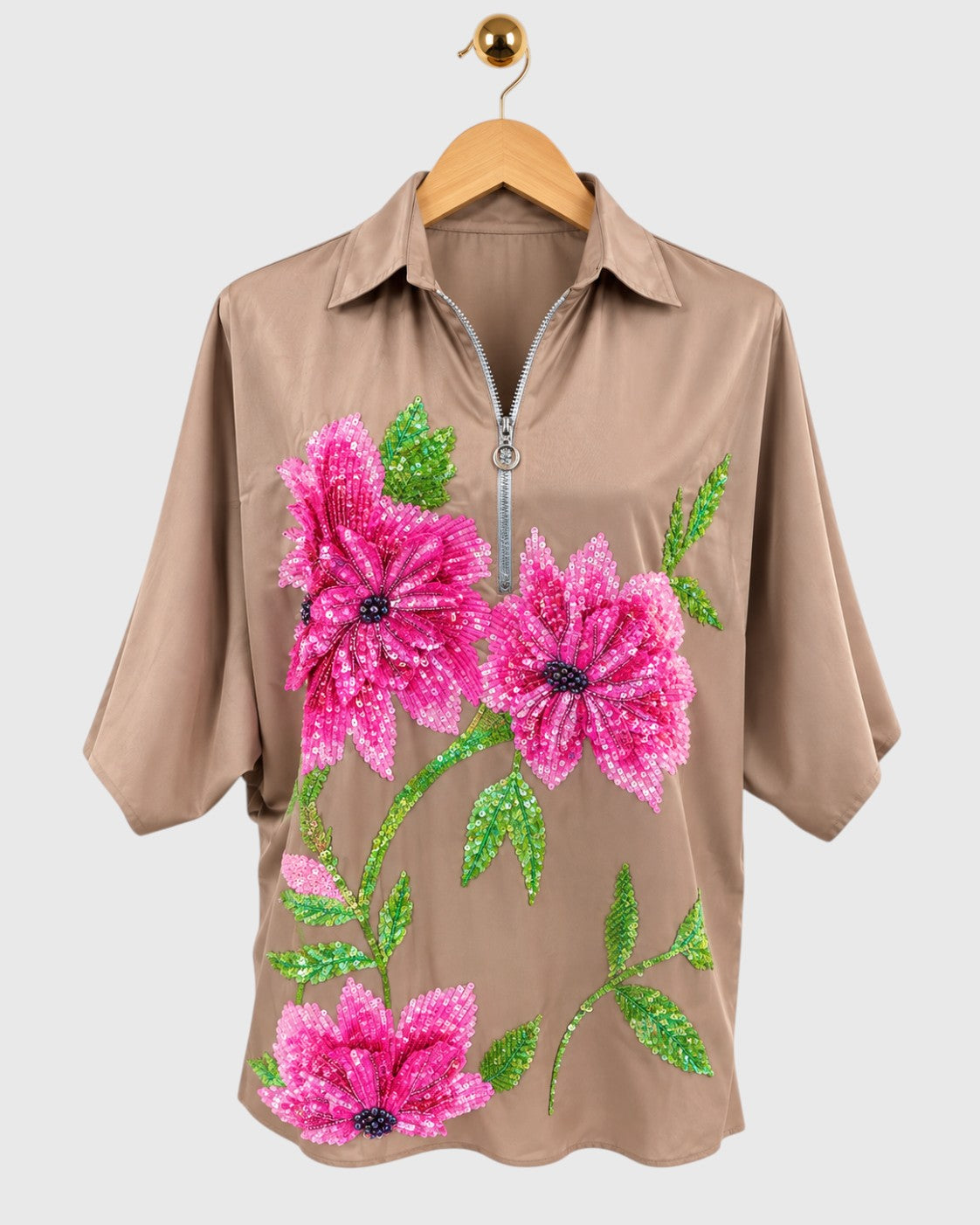 Beige Appliqué Flower Satin Shirt — view 1