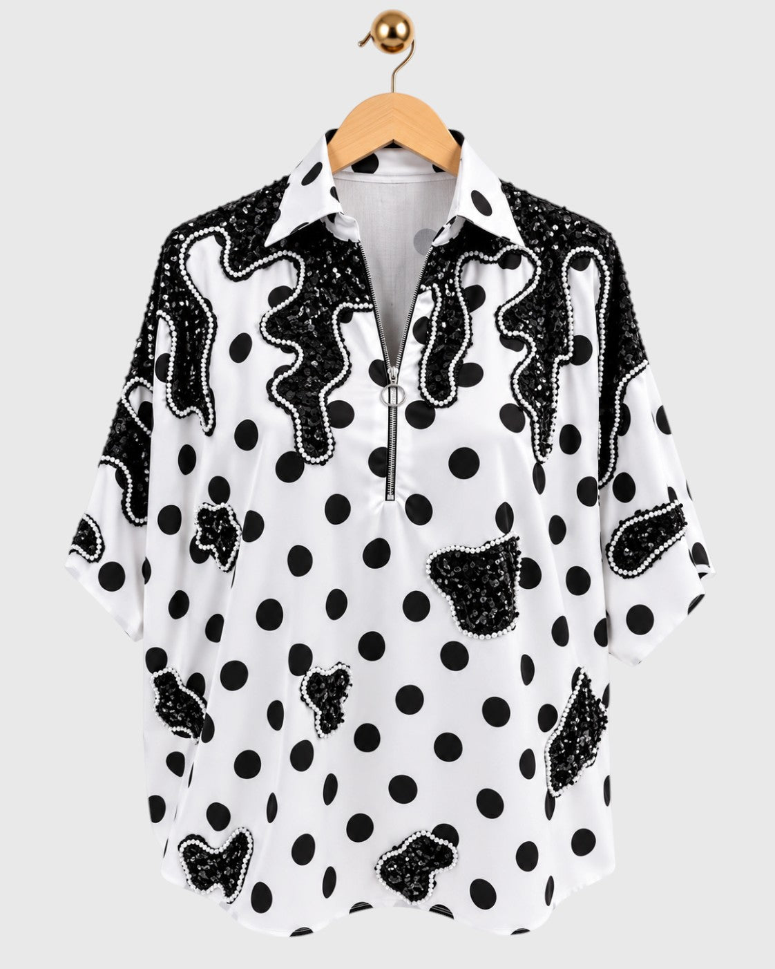 White Black Polka-Dot Satin Shirt — view 1