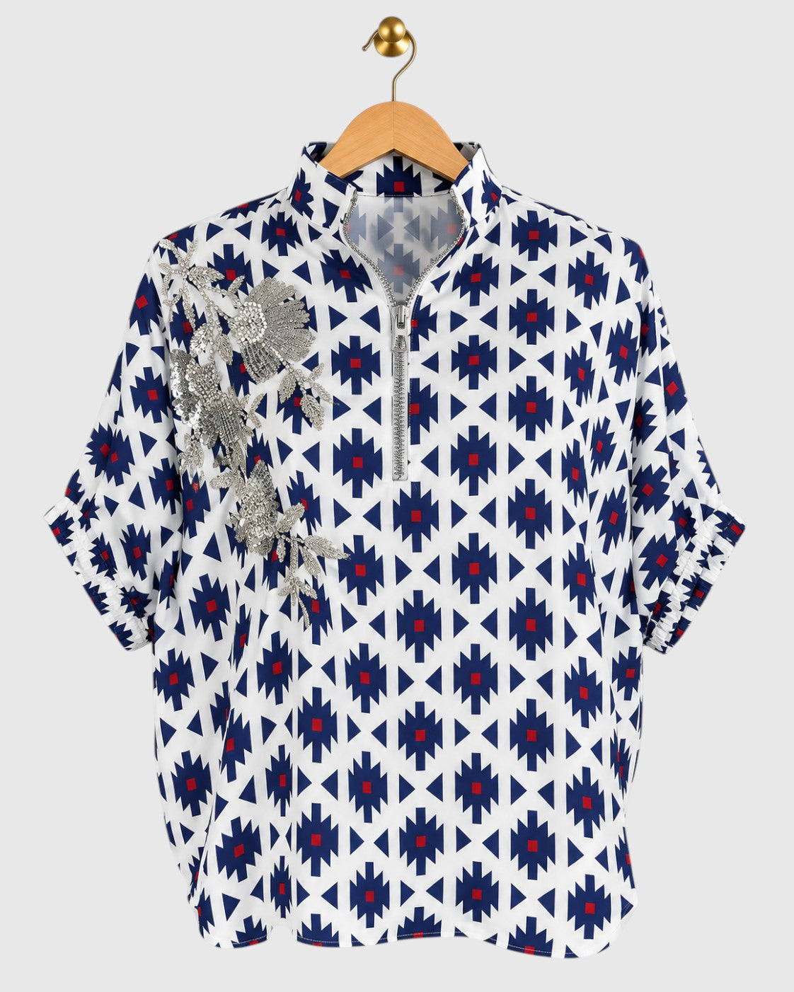 White & Blue Ikat Shoulder Embroidered Shirt — view 1