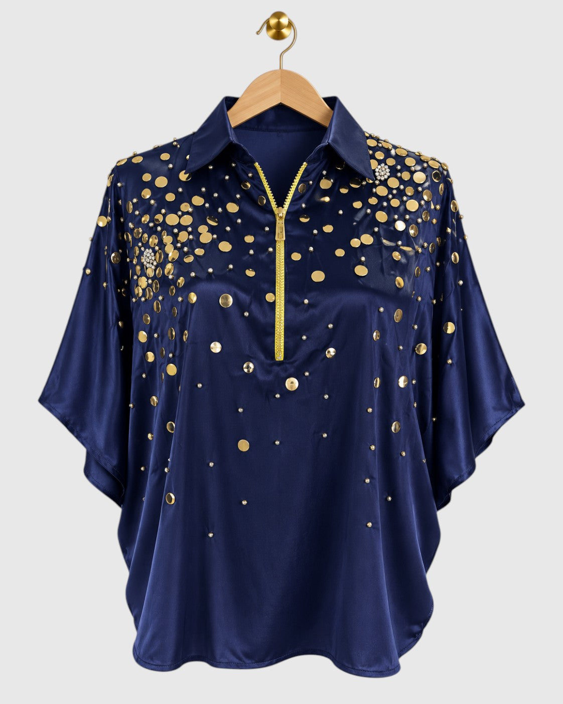 Blue Coin Shoulder Embroidered Satin Shirt — view 1