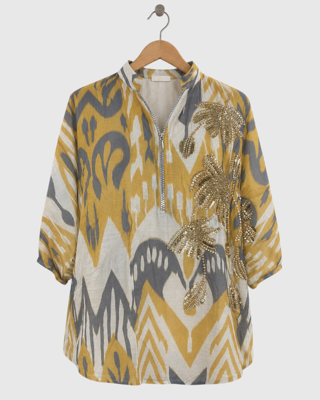 Yellow & Grey Chanderi Ikat Embroidered Shirt — view 1