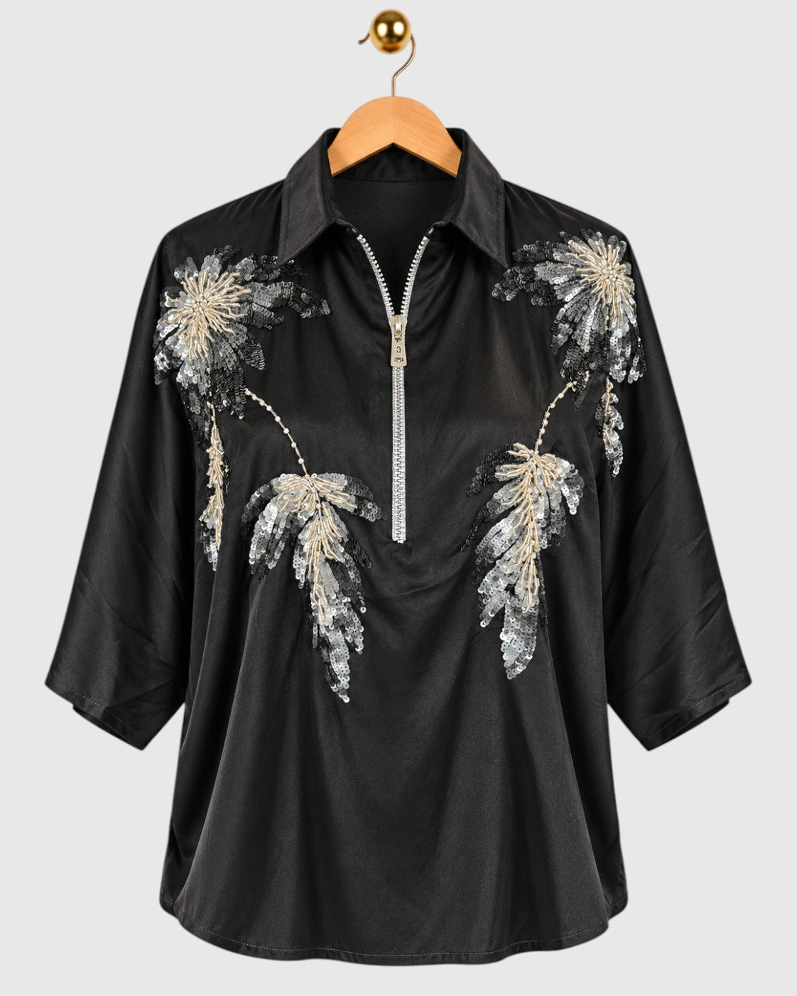 Black Silver Shoulder Satin Shirt — view 1