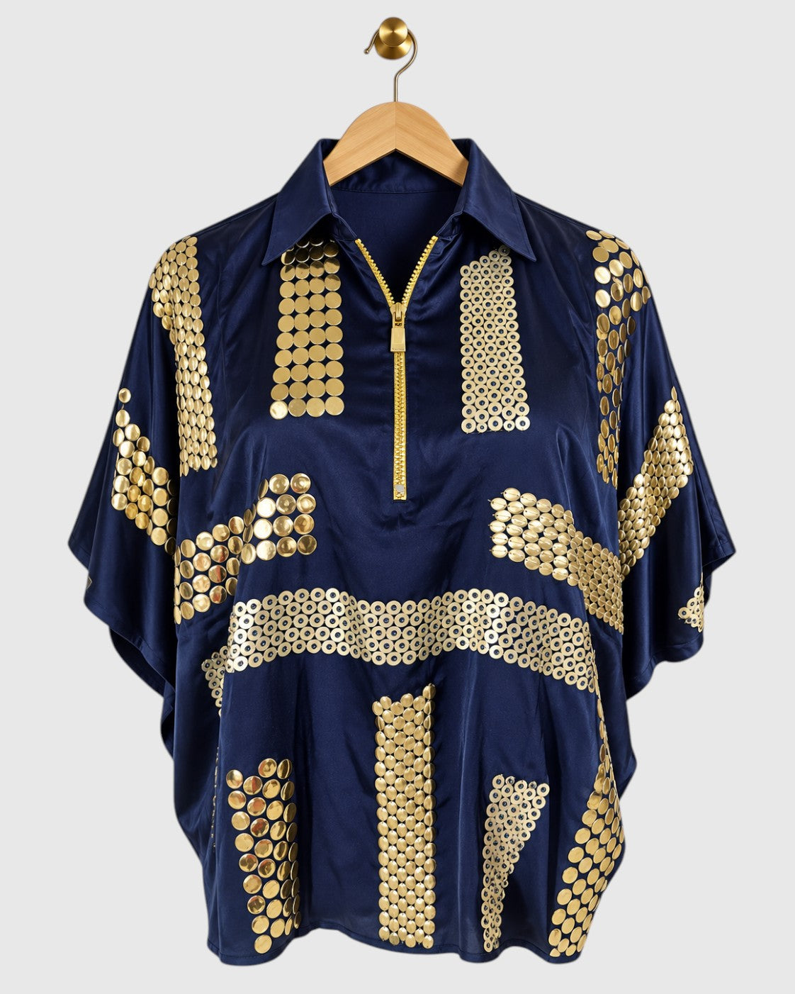 Blue Block Embroidered Satin Shirt — view 1
