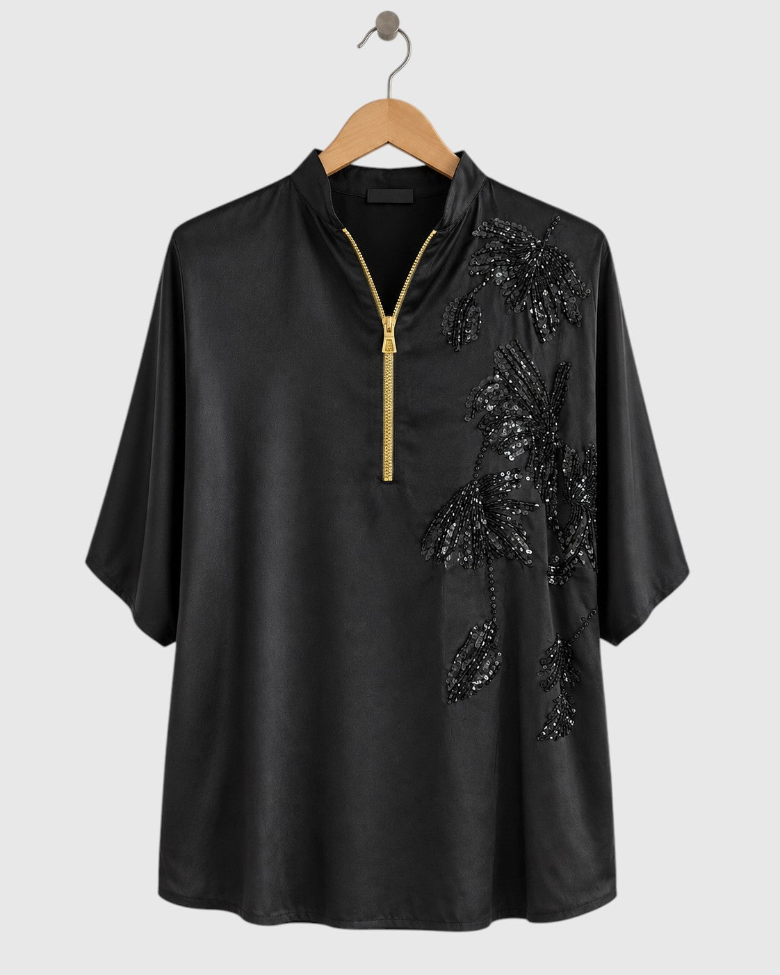 Black One-Sided Sequin Satin Shirt — view 1