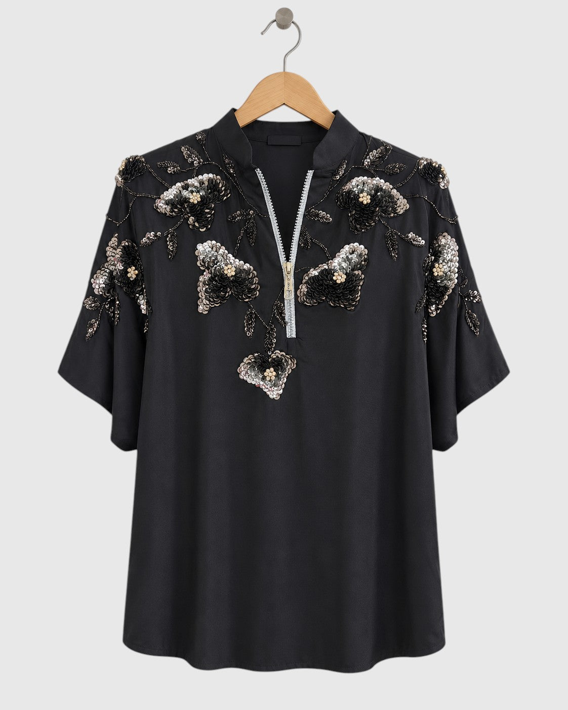 Black Silver Sequin Satin Shirt — view 1