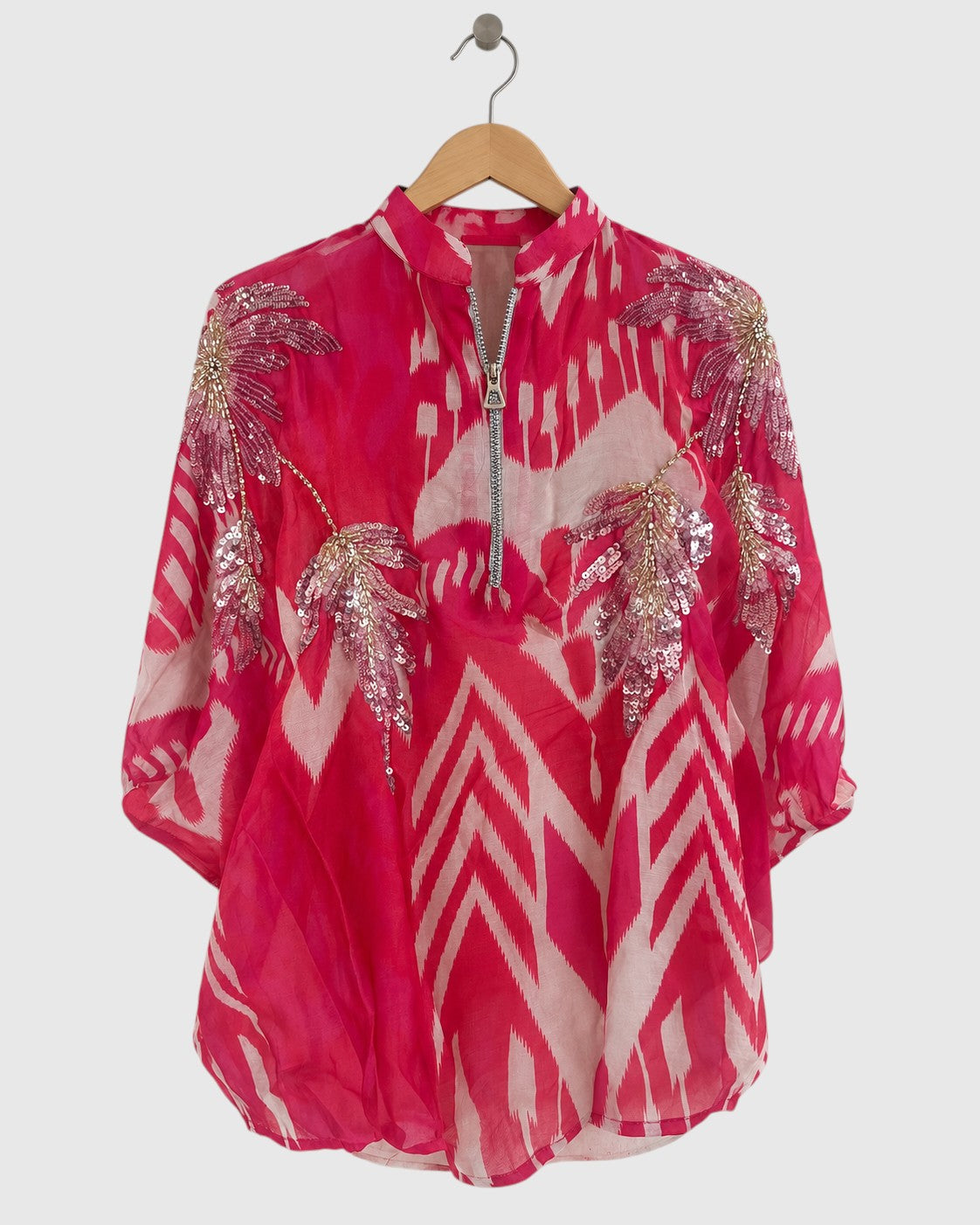 Pink Chanderi Ikat Embroidered Shirt — view 1