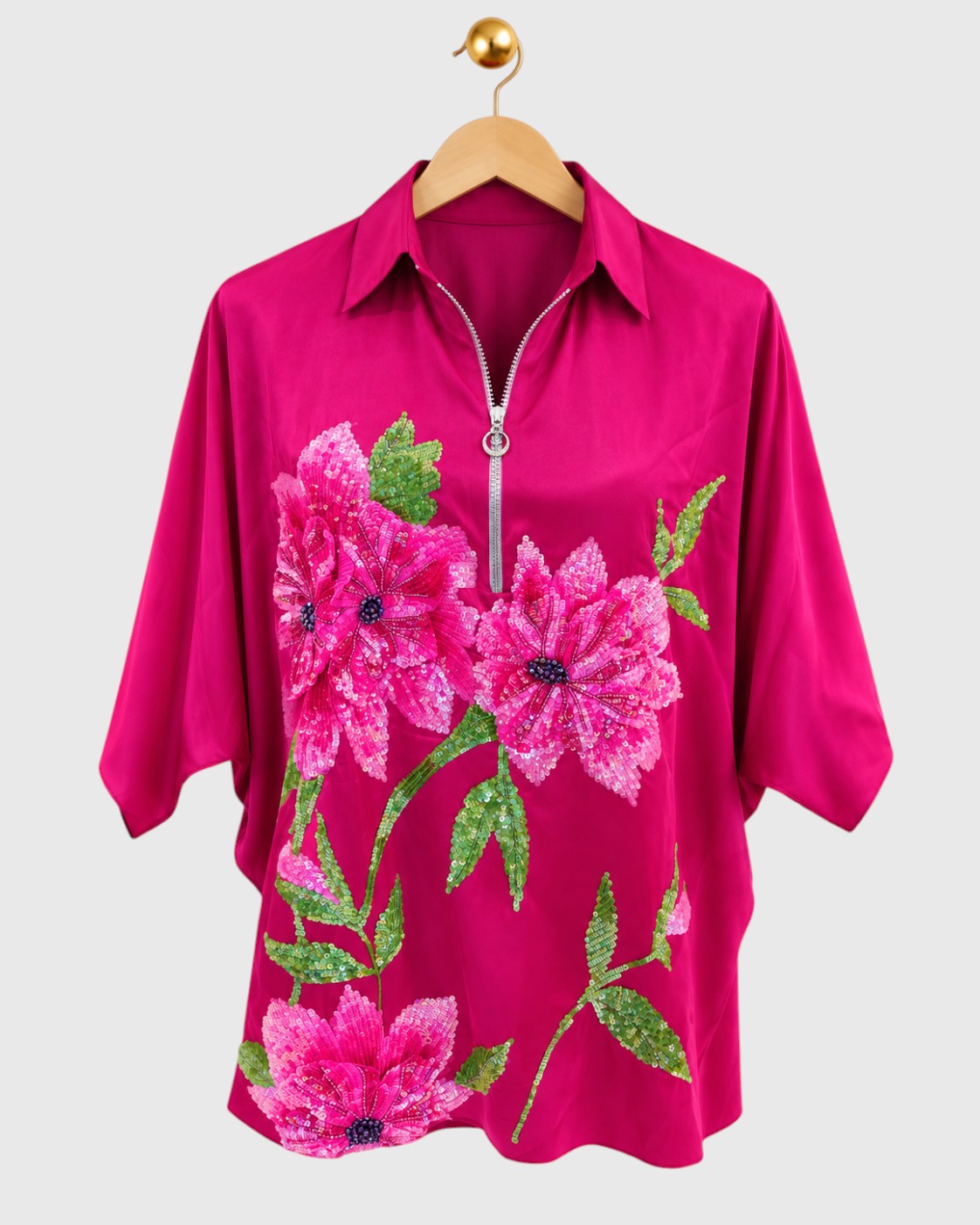 Pink Appliqué Flower Satin Shirt — view 1