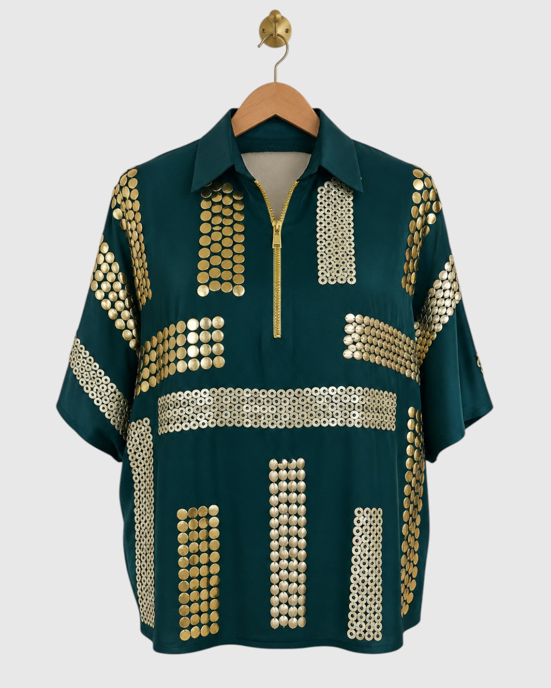 Green Block Embroidered Satin Shirt — view 1