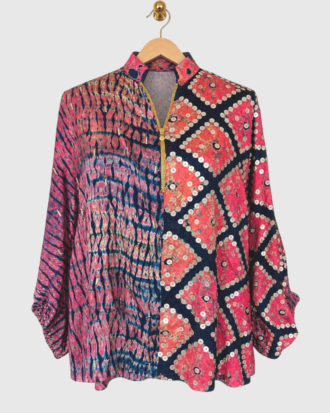 Blue & Pink Half-Grid Shibori Zip Shirt — view 1
