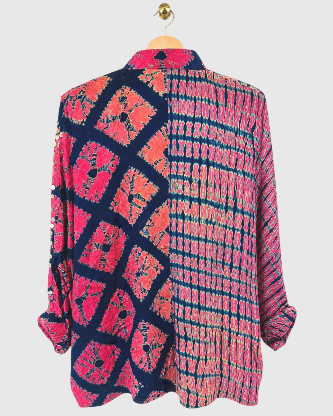 Blue & Pink Half-Grid Shibori Zip Shirt — view 2