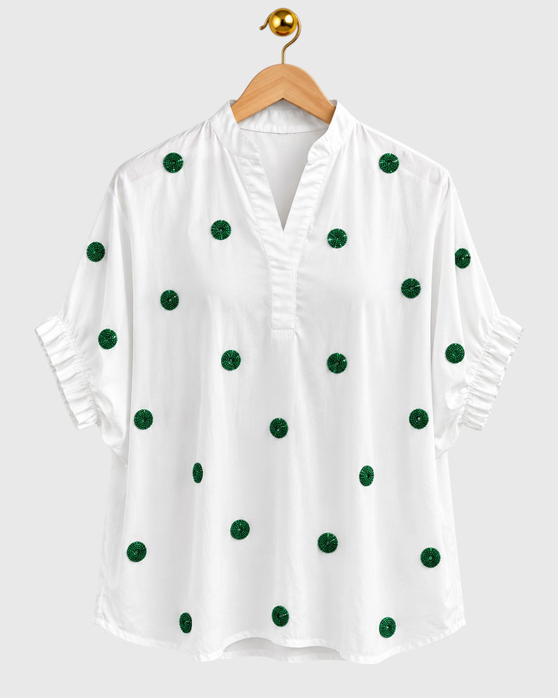 White Green Polka-Dot Embroidered Shirt — view 1
