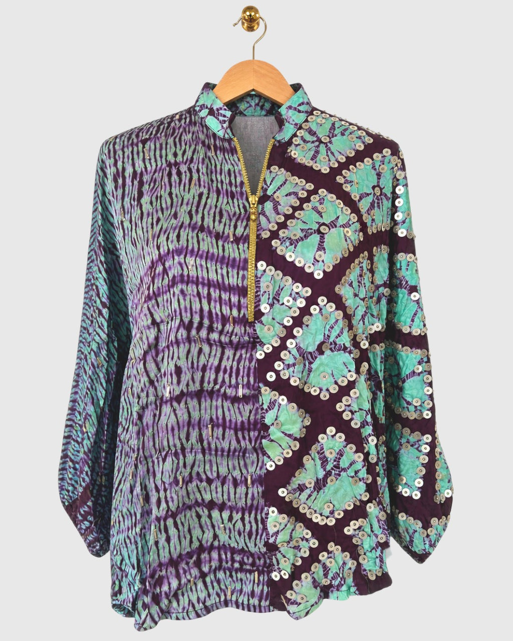 Turquoise & Wine Half-Grid Shibori Zip Shirt — view 1