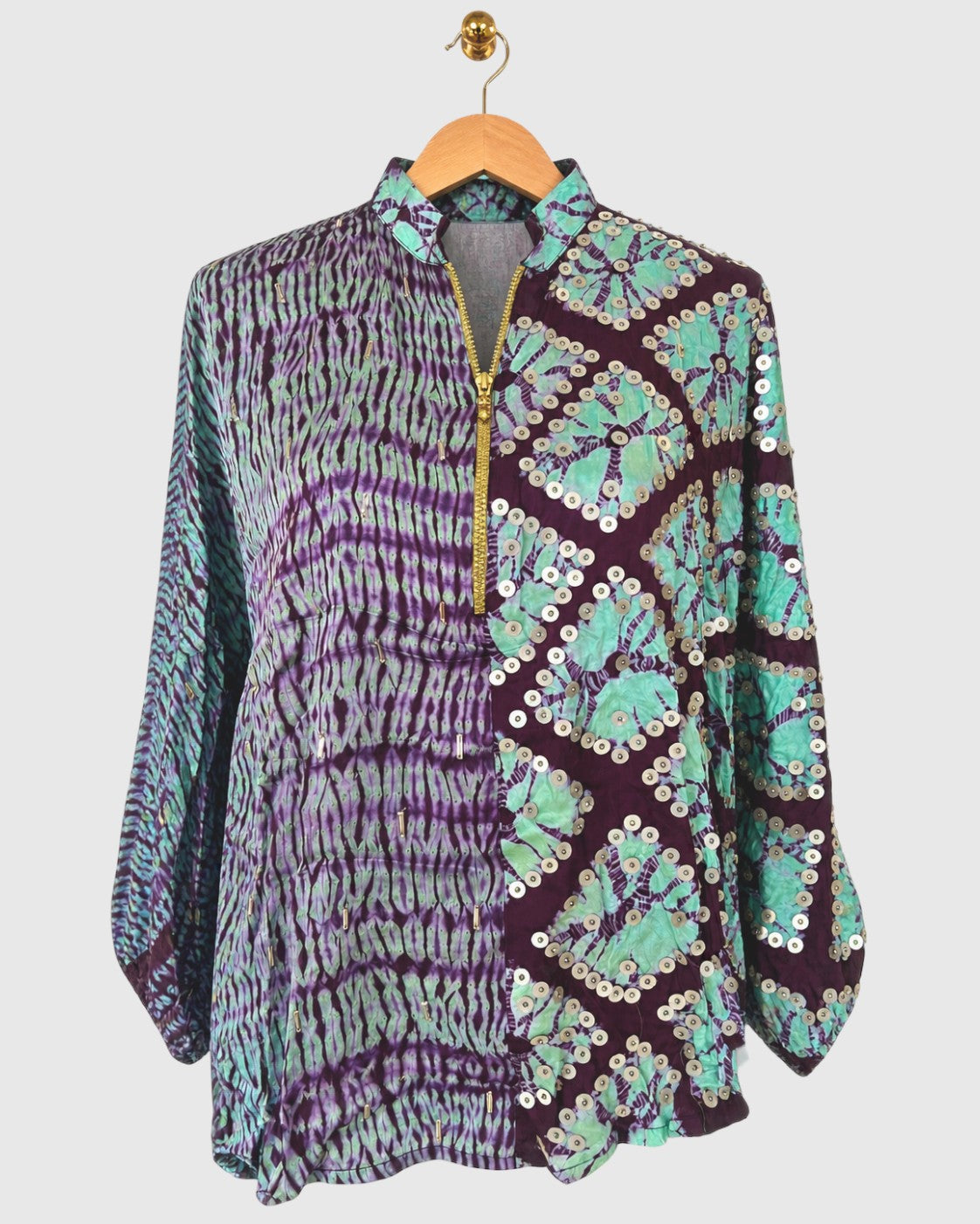 Turquoise & Wine Half-Grid Shibori Zip Shirt — view 1
