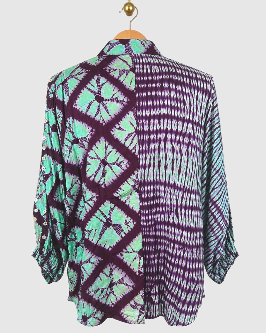 Turquoise & Wine Half-Grid Shibori Zip Shirt — view 2