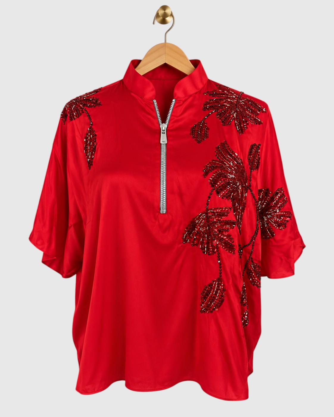 Red One-Sided Sequin Satin Shirt — view 1