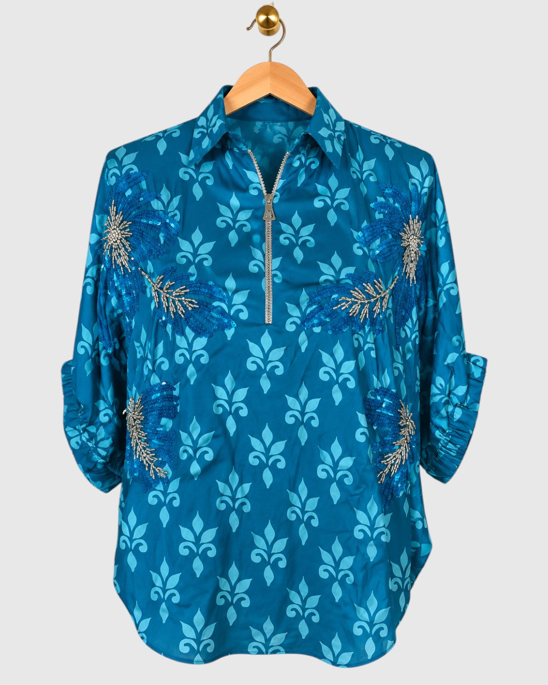 Blue Ajrak Print Shoulder Embroidered Shirt — view 1